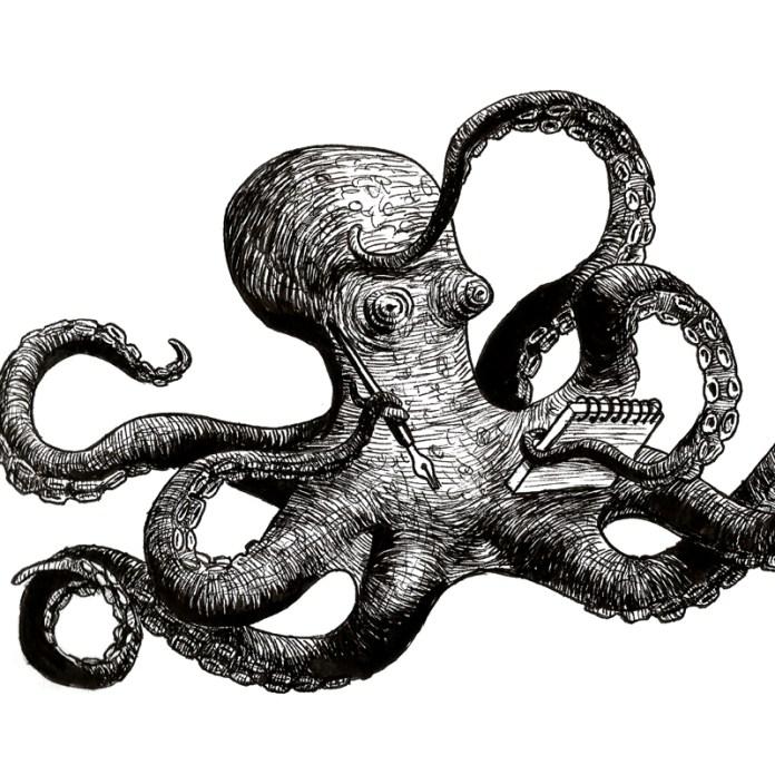 Illustration from a birthday greeting card. See the birthday card here: http://danholstsoelberg.storenvy.com/products/18058103-birthday-card-octopus-bard
